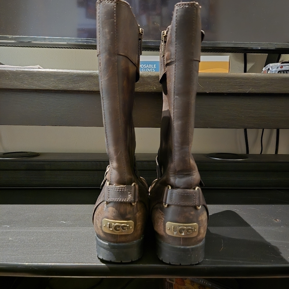 UGG Gershwin Shearling-Lined Brown Waterproof Leather Biker Boots - Picture 5 of 13